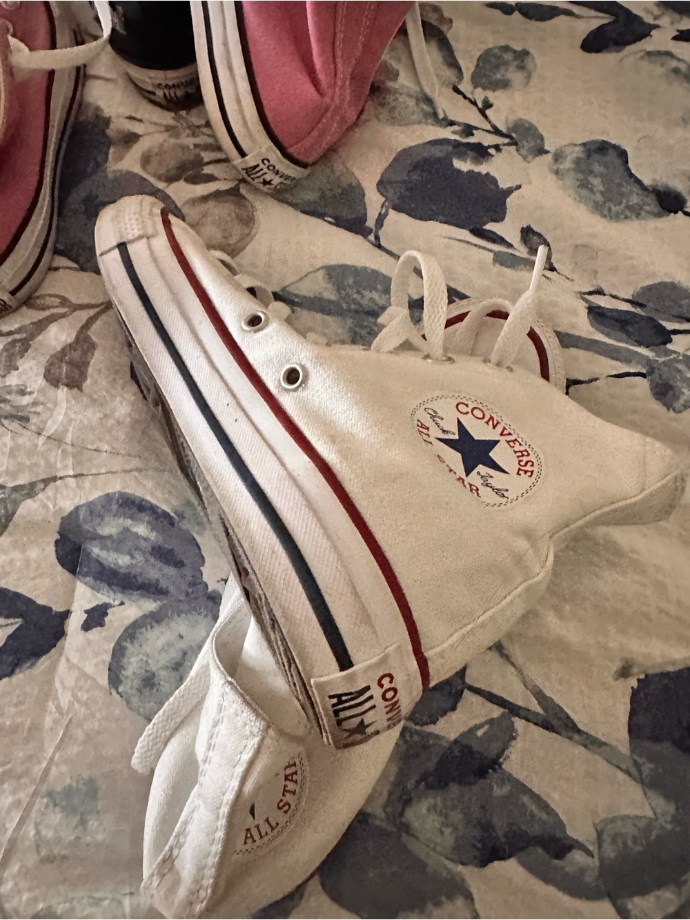 Converse White High Top Sneakers with Red & Navy Stripes
